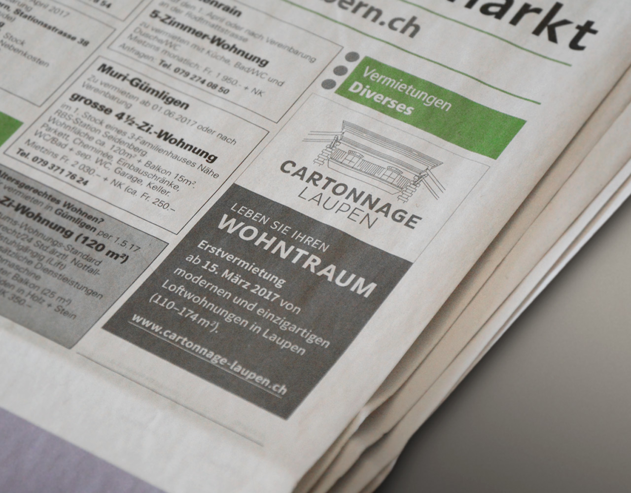 Inserate für Immobilienvermarktung Cartonnage Laupen