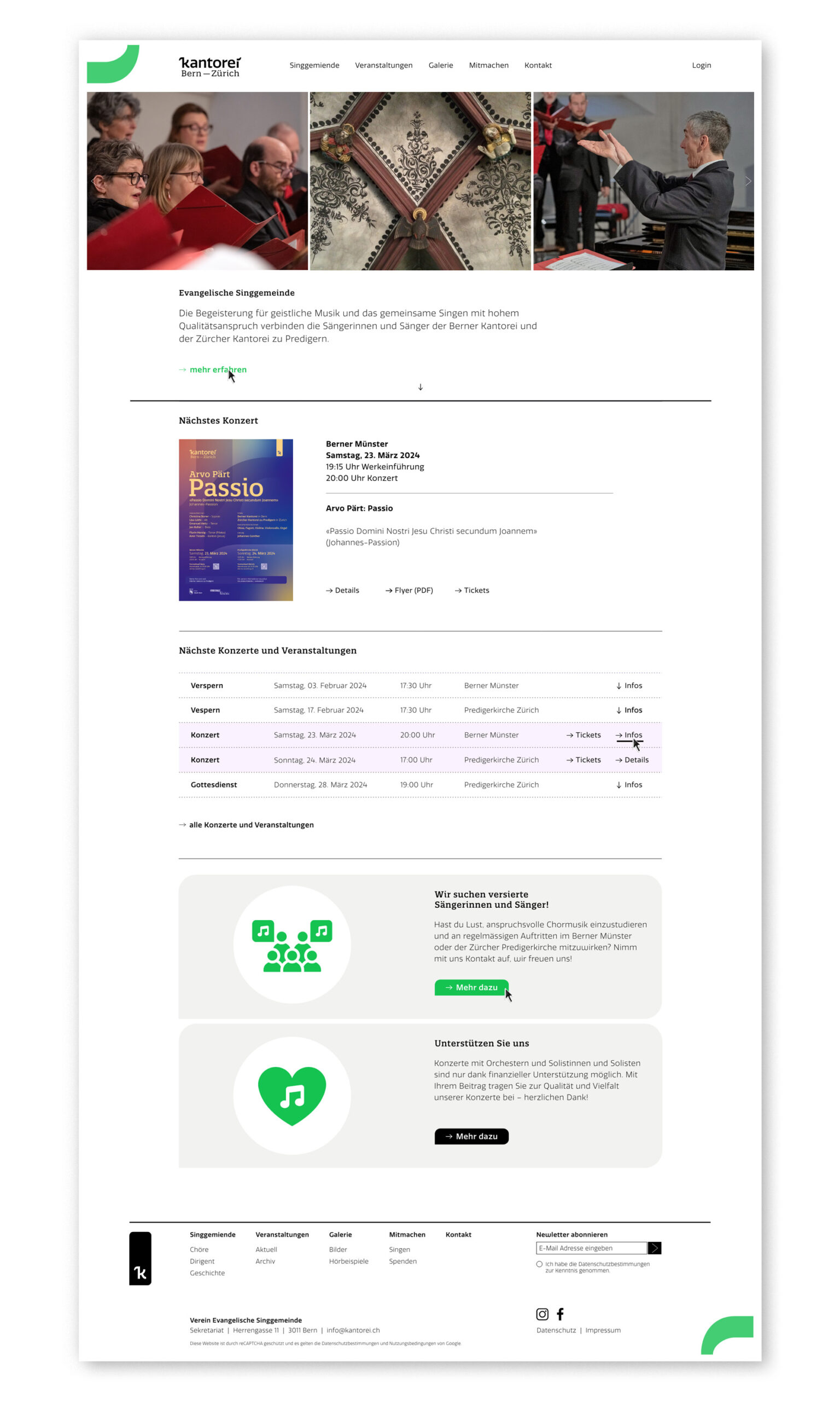 Webdesign für Kantorei Bern + Zürich