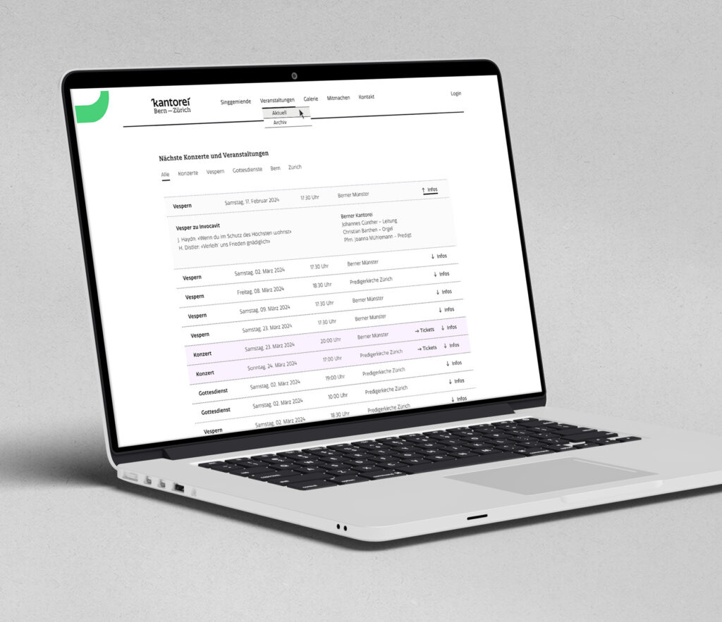 Webdesign für Kantorei Bern + Zürich